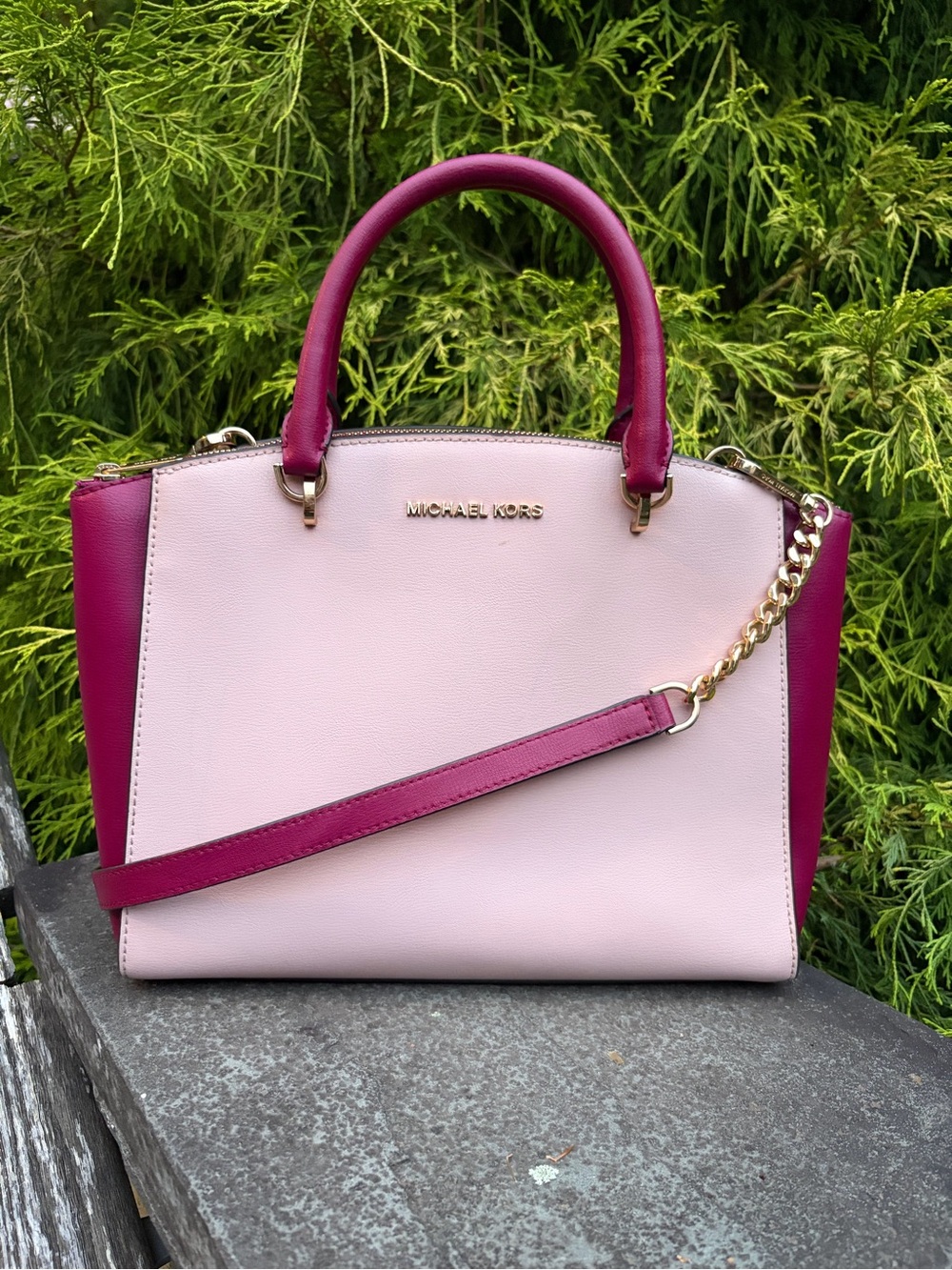 Michael Kors Ciara Large Satchel Two-Tone Leather Satchel - Pink & Burgundy